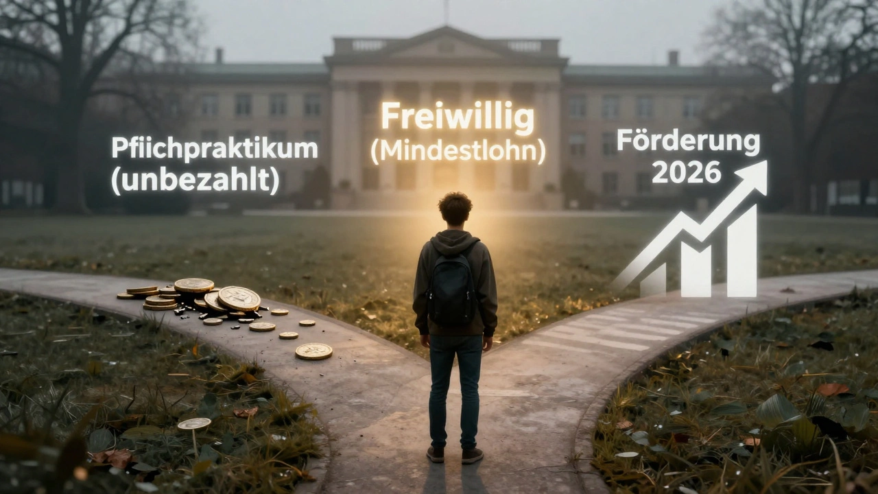 Ein Student steht an einer Kreuzung mit drei Wegen für verschiedene Praktikumsmodelle.