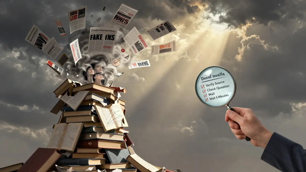 Ein Turm aus Wissenschafts-Büchern bricht zusammen, während eine Person mit einer Lupe Fakten entdeckt.