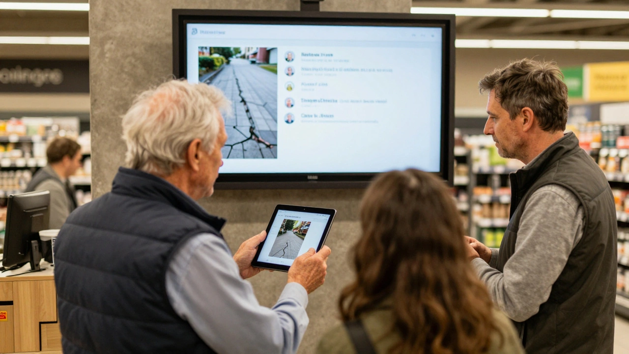 Eine ältere Person meldet einen Schaden mit einer App, während nebenan ein Gespräch stattfindet.