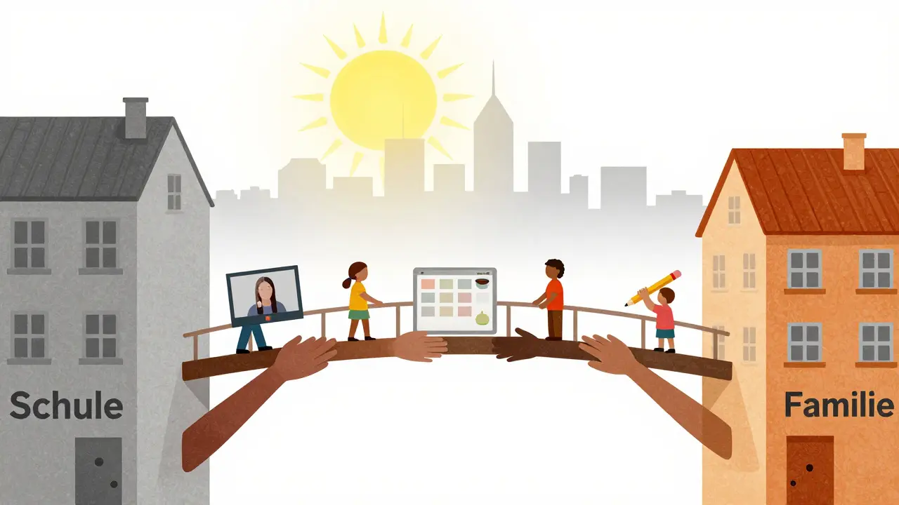 Eine Brücke aus vielfältigen Händen verbindet Schule und Familie – symbolisch für vertrauensvolle Kommunikation.