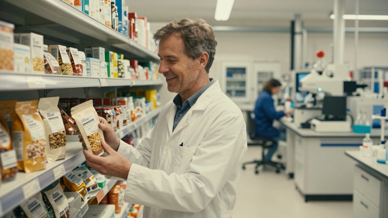 Eine Chemikerin hält ein neues umweltfreundliches Lebensmittelverpackungsprodukt, das im Supermarkt steht, mit einem Hintergrund, der Uni und Industrie zeigt.