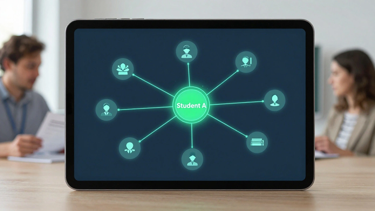 Eine digitale Karte zeigt die Zusammenarbeit von Schulpsychologen, Sozialarbeitern und Lehrkräften in einer österreichischen Schule.