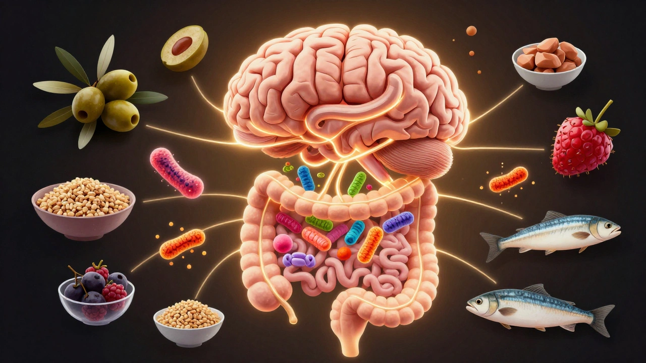 Eine grafische Darstellung der Darm-Hirn-Achse mit gesunden Bakterien und mediterranen Lebensmitteln.