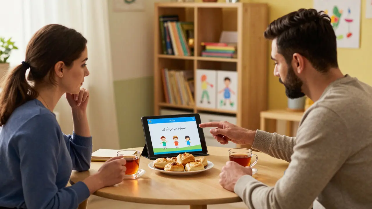 Eine Lehrkraft erklärt mit einem Tablet einem ukrainischen und einem syrischen Elternteil die Schul-App bei Tee und Gebäck.