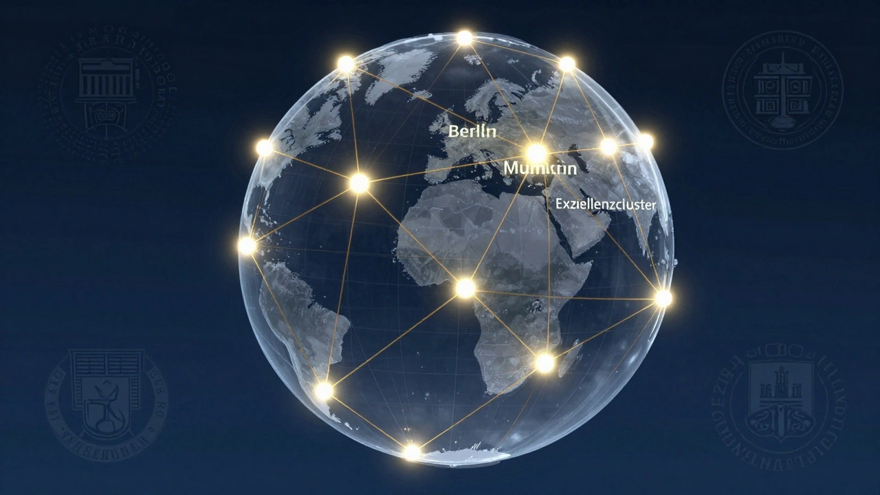 Karte Deutschlands mit 70 leuchtenden Forschungsclustern und vernetzten Standorten, Konstanz gedimmt.
