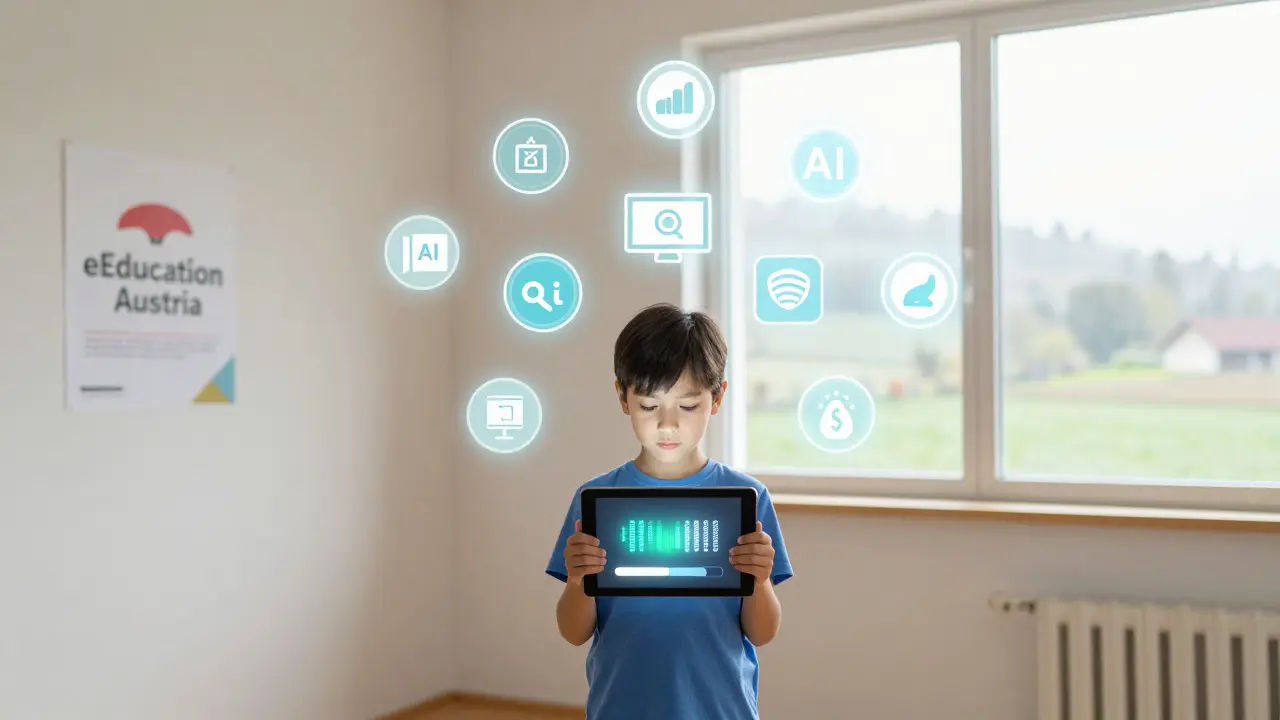 Kind in einer Sonderschule mit tablet, das lädt — künstliche Intelligenz-Icons schweben unerreichbar in der Luft, Hintergrund ist leer und verlassen.