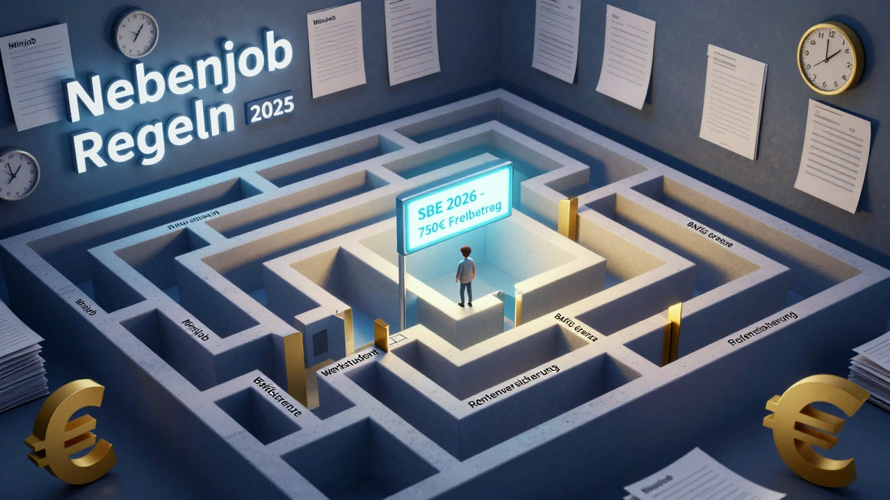 Labyrinth mit Regeln für Nebenjobs, Studentin auf dem Weg zur Lösung, Ziel: &#039;SBE 2026 - 750€ Freibetrag&#039;.