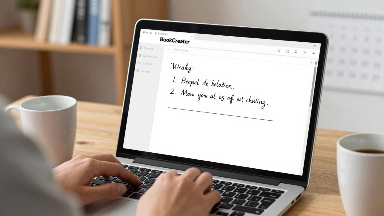 Lehrkraft arbeitet mit BookCreator auf Laptop, Kaffee und Notizen auf dem Tisch.