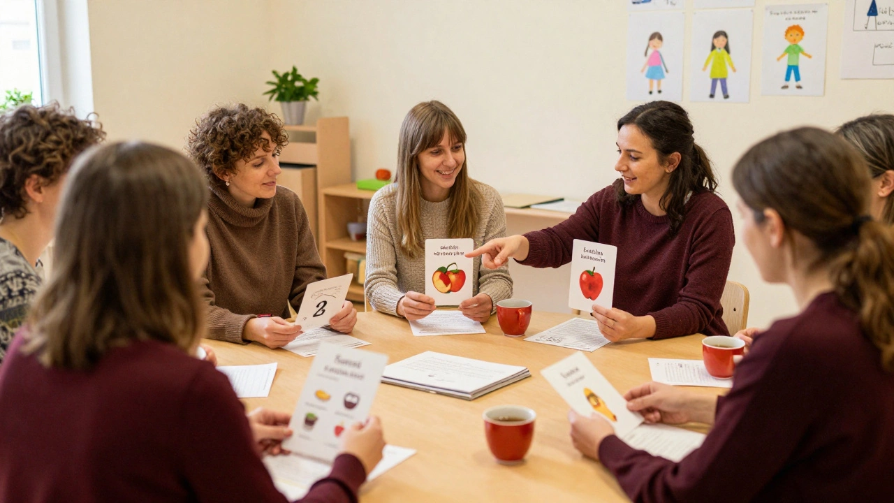 Mehrsprachiger Elternworkshop in einem Gemeindezentrum mit Übersetzerin, Eltern und Bildkarten zu Zahlen und Alltagsgegenständen.