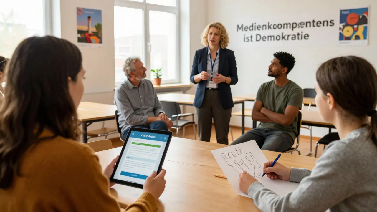 Menschen in einer Gemeinschaftsveranstaltung lernen, Desinformation zu erkennen und zu bekämpfen.