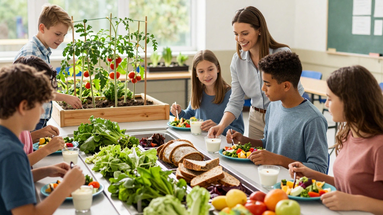 Schüler wählen in der Schulmensa gesunde Lebensmittel aus, während ein Schulgarten im Hintergrund sichtbar ist.