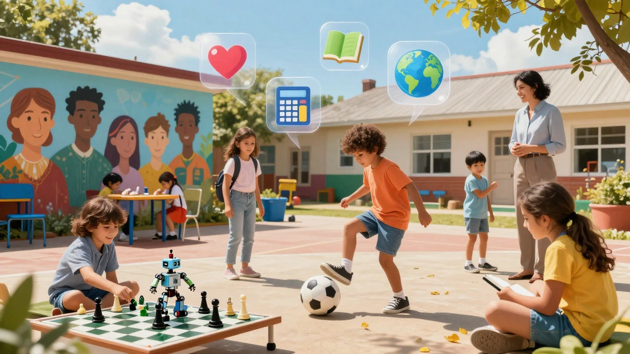 Schulhof als lebendiger Lernraum: Kinder spielen, bauen und lachen, während Sozialarbeiter und Eltern gemeinsam anwesend sind.