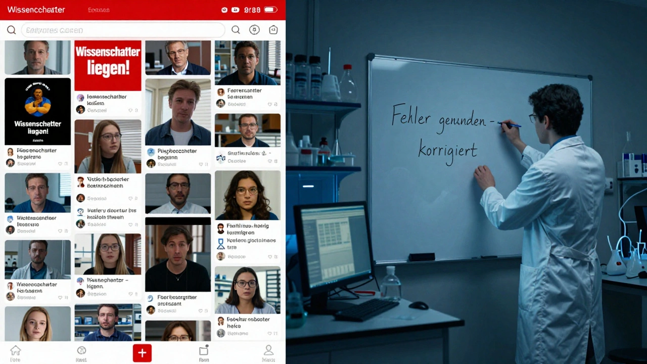 Soziale Medien mit alarmierenden Headlines im Vergleich zu einem Wissenschaftler, der einen Fehler korrigiert.