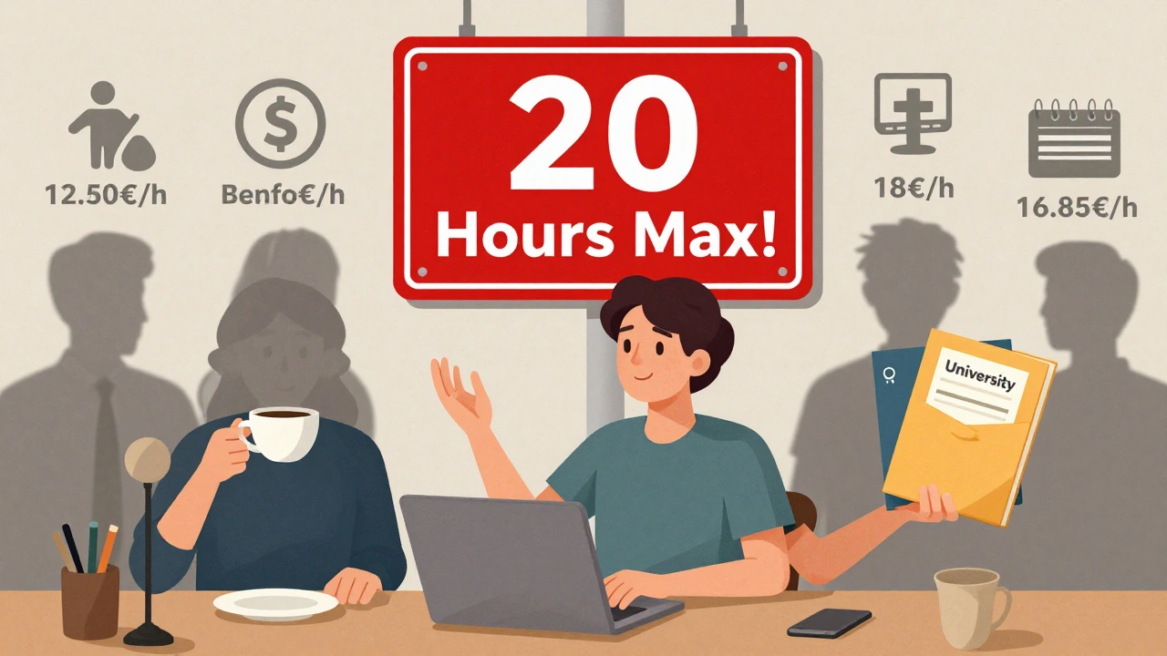 Studentin in drei verschiedenen Nebenjobs gleichzeitig: Restaurant, Remote-Arbeit und Uni-Hilfskraft, mit Warnzeichen &#039;20 Stunden Max&#039;.