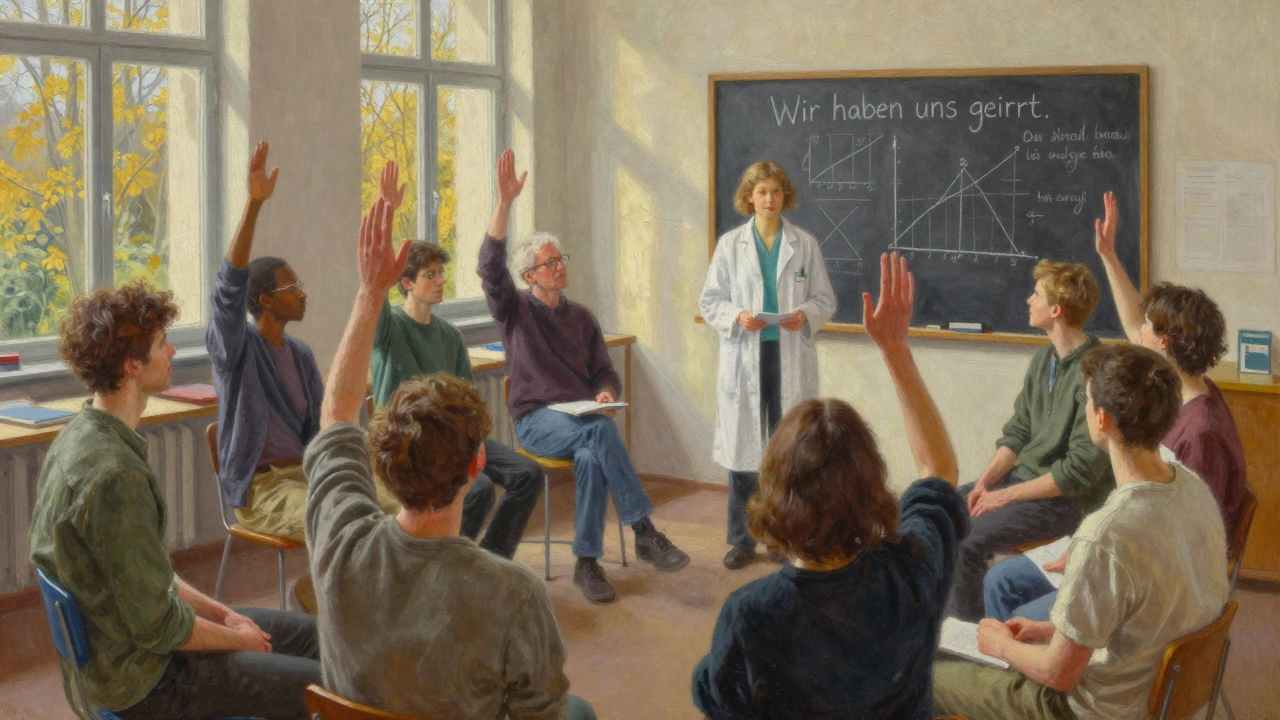 Wissenschaftlerin gesteht einen Fehler in einem Workshop, während Teilnehmer mit offenen Gesichtern zuhören.