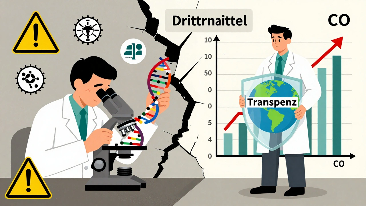 Wissenschaftlerin mit CRISPR und Klimadaten, umgeben von ethischen Warnzeichen und Finanzierungsdruck