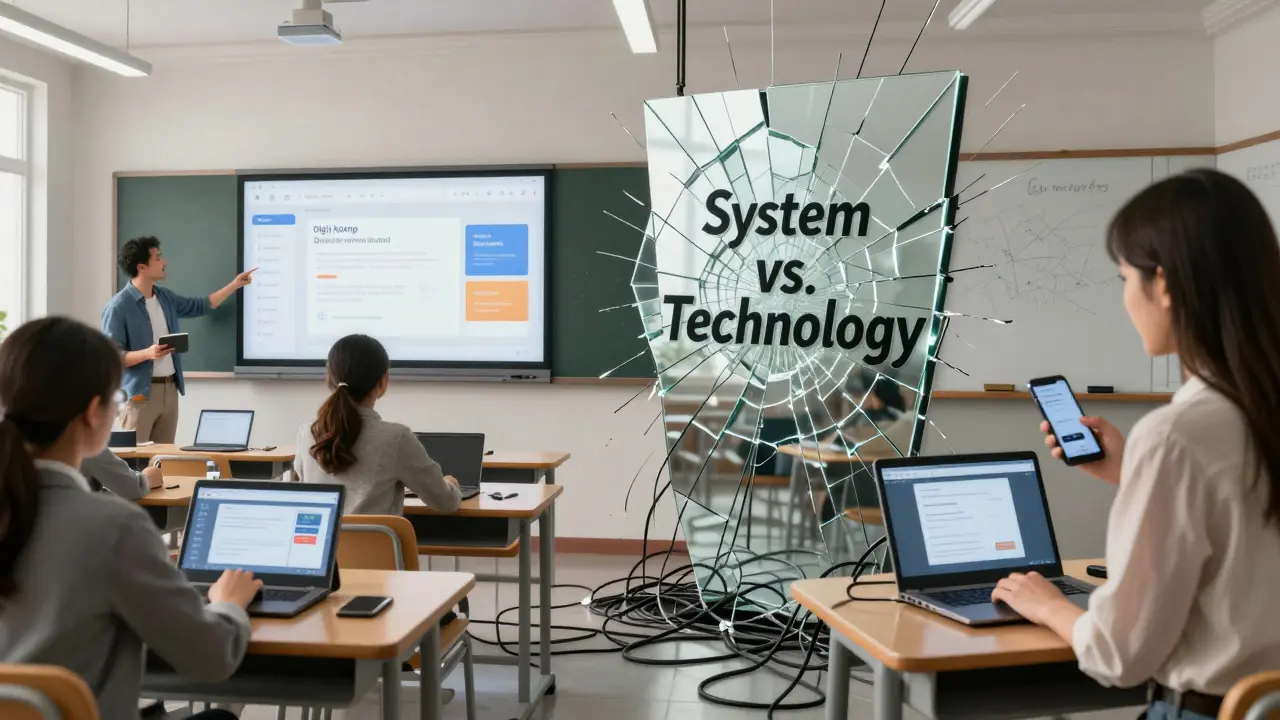 Zwei gegensätzliche Klassenzimmer: eines digitalisiert und gut ausgestattet, das andere veraltet und zerbrochen — getrennt durch einen Spiegel mit 'System vs. Technik'.