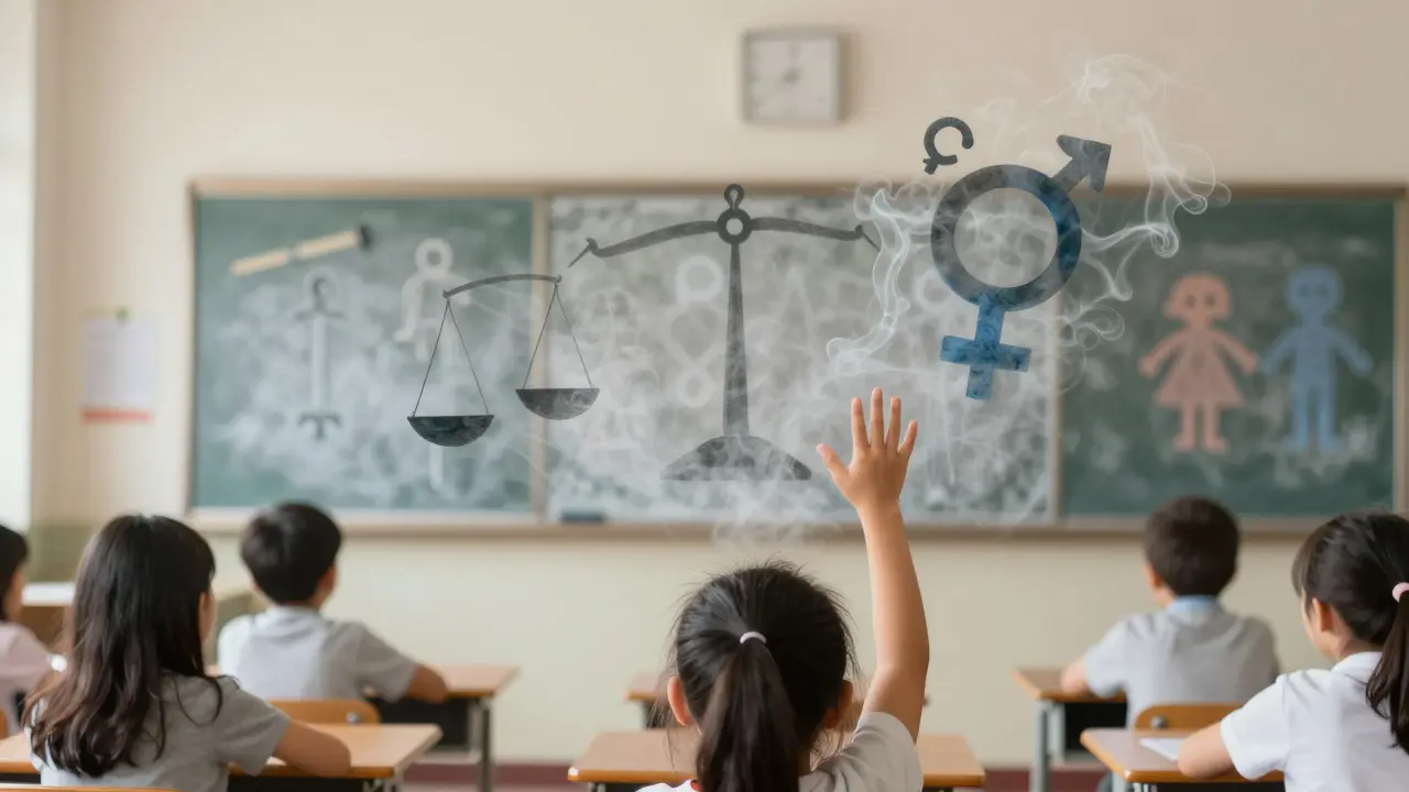 Abstrakte Darstellung einer Schule, in der stereotype Geschlechterbilder verschwinden und vielfältige Identitäten sichtbar werden.