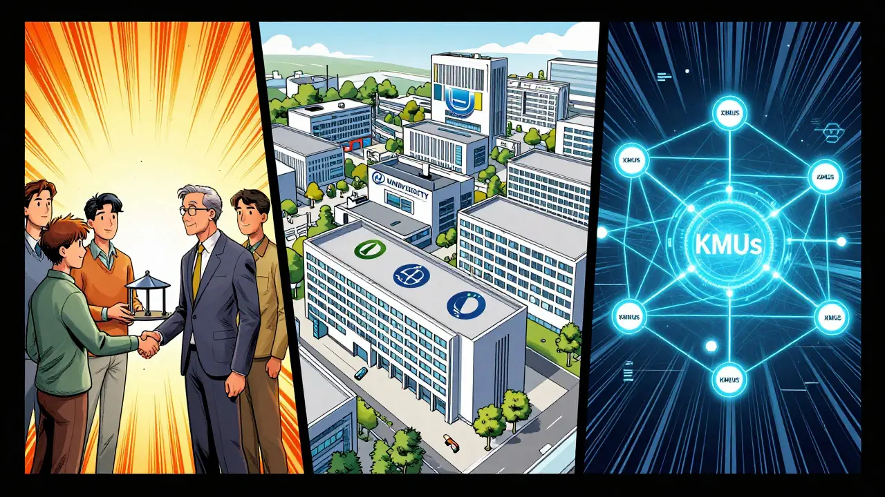 Drei Modelle der Forschungskooperation: Startup mit Uni, Corporate Campus und digitales Netzwerk.