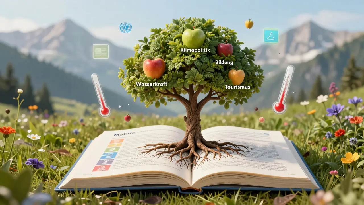 Ein Baum wächst aus einer Matura-Prüfung, verzweigt in nachhaltige Entwicklungsziele.