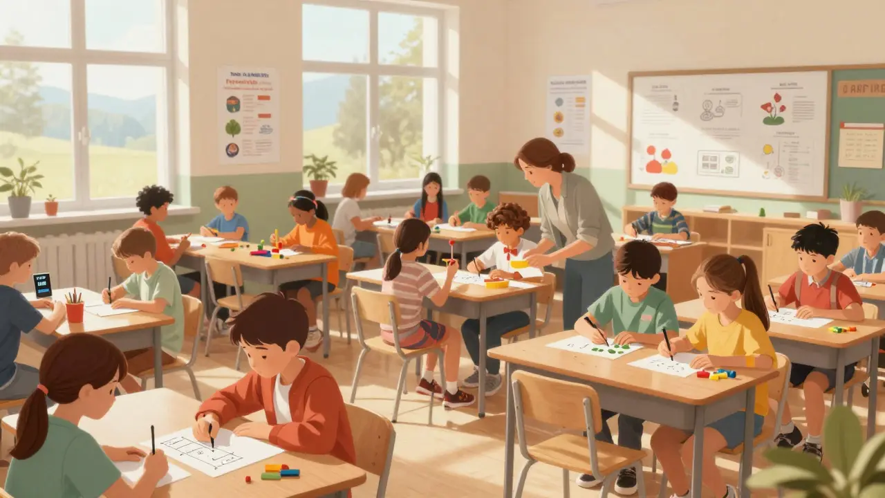 Ein bunt gemischter Klassenraum mit Kindern aller Hintergründe, die gemeinsam lernen.