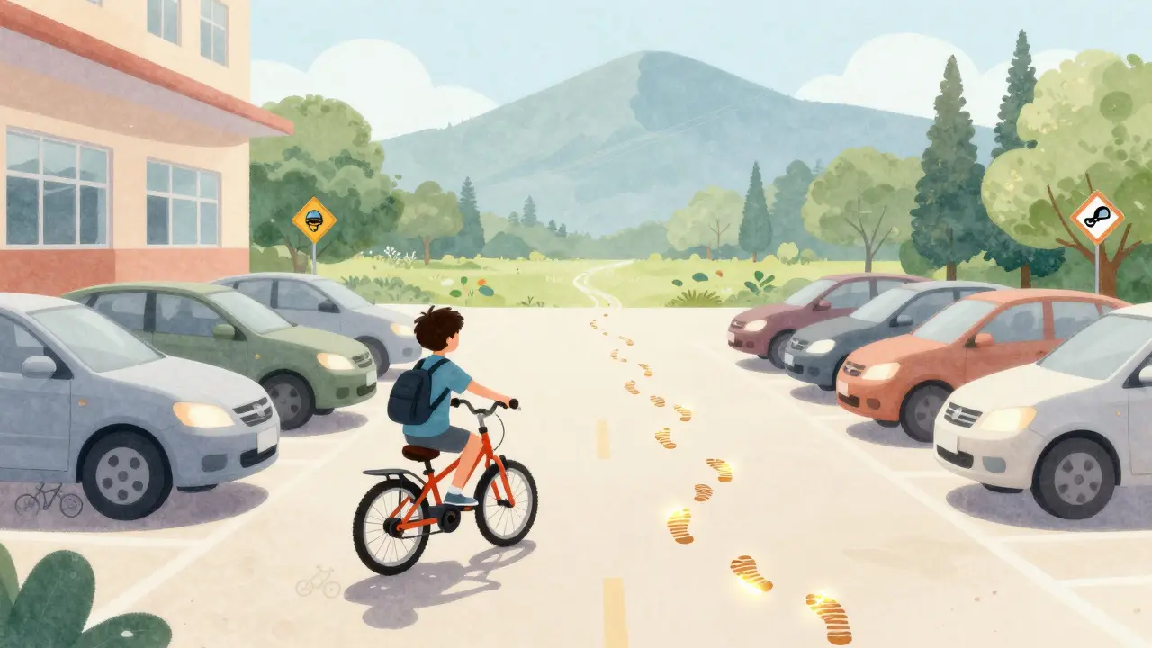 Ein Kind fährt mit dem Fahrrad an parkenden Autos vorbei, ein leuchtender Pfad führt in die Natur, Symbol für Selbstständigkeit und Umweltfreundlichkeit.