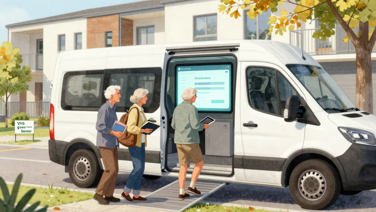 Ein mobiler Bildungswagen steht vor einem Seniorenhaus, und Bewohner betreten ihn, um Kurse zu besuchen.