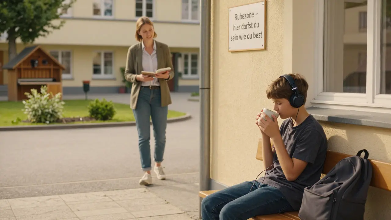 Ein Schüler entspannt in einer ruhigen Ecke der Schule mit Tee und Musik.