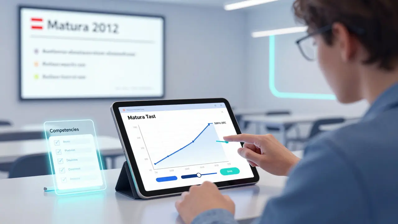 Ein Schüler löst eine interaktive Matura-Aufgabe am Tablet, mit dynamischen Grafiken zu Handyverträgen.