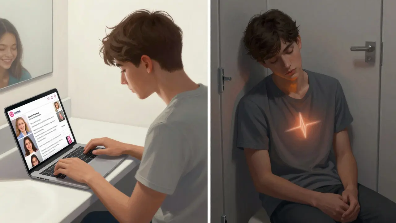 Ein Schüler scrollt auf dem Handy durch perfekte Abschlussbilder, während er selbst in der Toilette erschöpft und atemend sitzt.