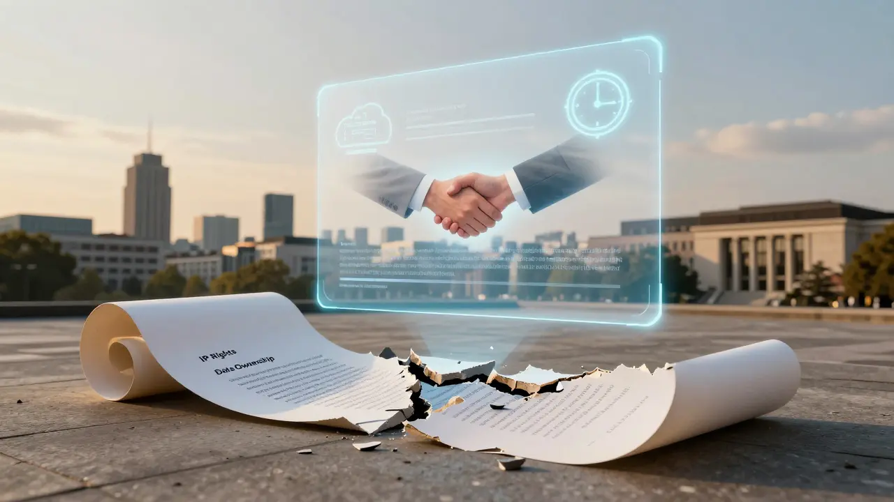 Ein zerbrochener Vertrag liegt auf dem Boden, darüber schwebt ein digitales, vertrauensvolles Kooperationsmodell.