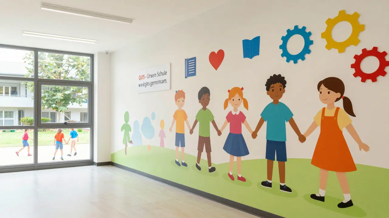 Eine bunte Wandmalerei in einer österreichischen Schule zeigt Kinder verschiedener Fähigkeiten, die zusammengehören.