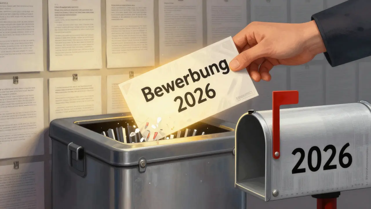 Eine personalisierte Bewerbung wird in einen Briefkasten gesteckt, während andere generische Bewerbungen zerknüllt werden.