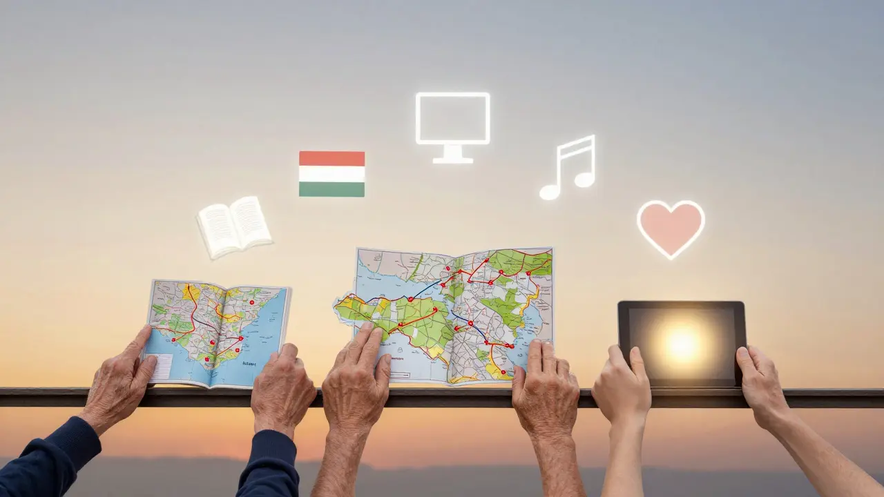 Eine symbolische Brücke aus Händen verschiedener Generationen verbindet traditionelles und digitales Lernen.