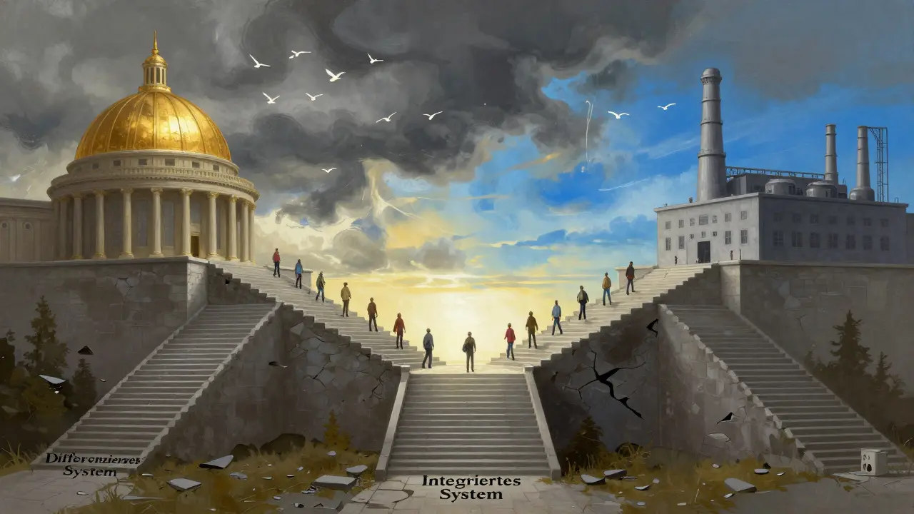 Eine zerbrochene Treppe teilt sich in zwei Wege, während ein gemeinsamer Pfad nach oben führt.