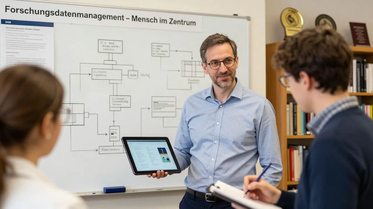 Forschende lernen in einem Workshop zur Datenverwaltung, begleitet von einer Beraterin mit Whiteboard-Visualisierungen.
