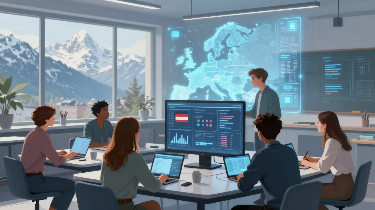 Internationales Studierendenteam in einem modernen Klassenzimmer in Innsbruck, arbeitet gemeinsam an einer digitalen Europakarte.