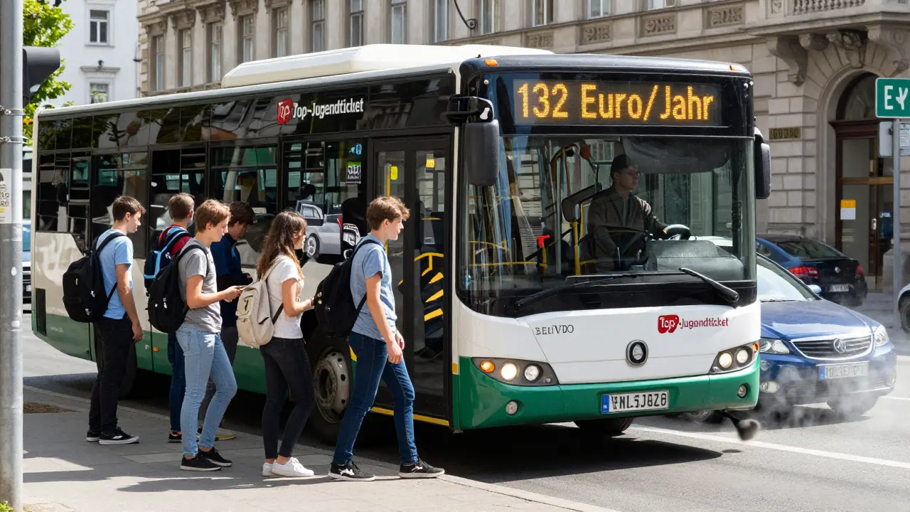 Jugendliche steigen in einen Bus in Wien ein, ein Auto steht im Stau vor der Schule, städtische Umgebung mit sichtbarem Ticketangebot.
