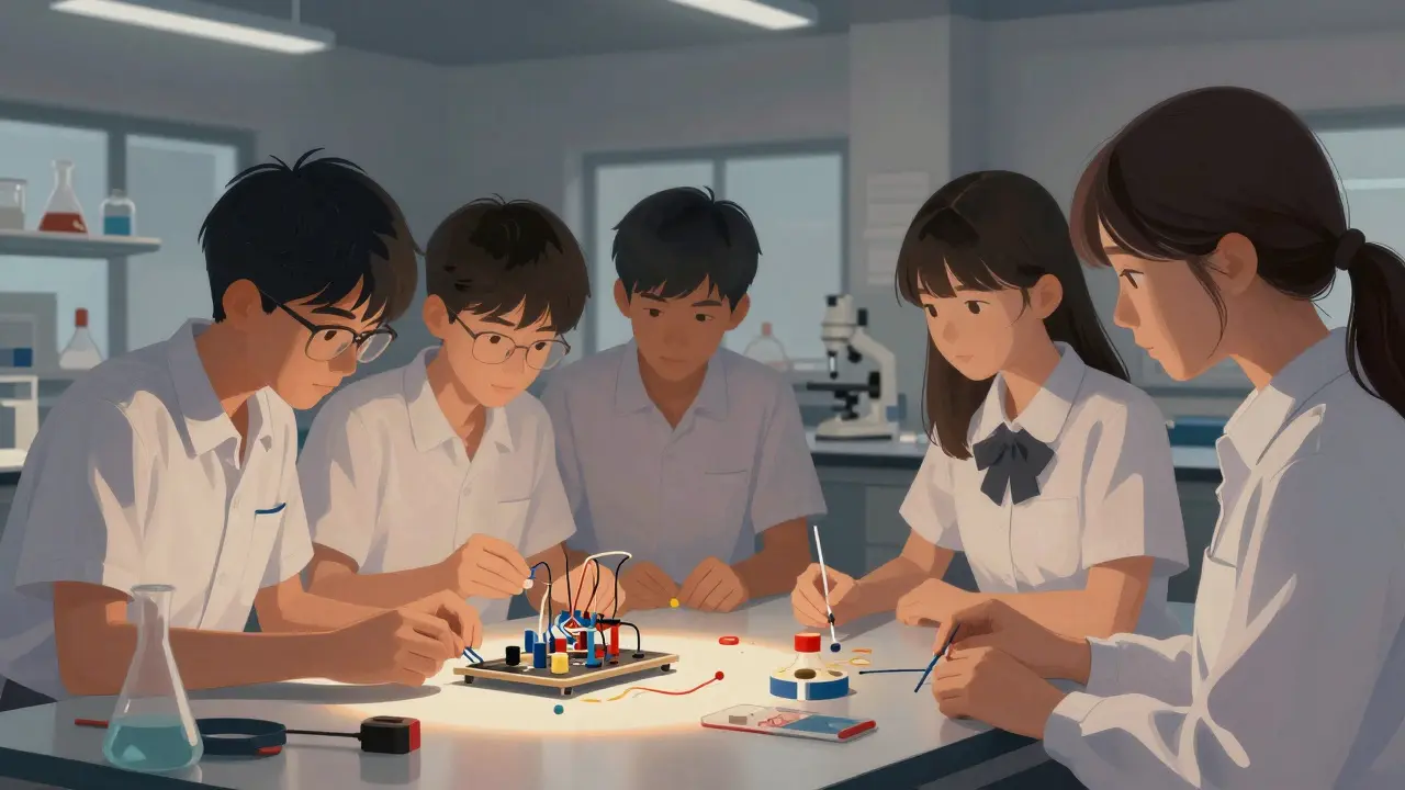 Jungen und Mädchen in einem Naturwissenschaftsraum, die Jungen aktiv experimentieren, die Mädchen beobachten passiv.