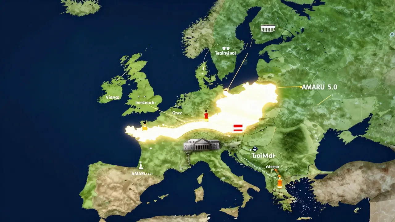 Karte Europas mit Österreich als leuchtender Brücke zwischen Universitäten, verbunden durch fließende Symbole von Studierenden und Wissen.