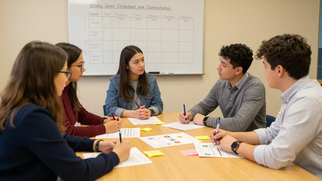 Lehrer und Sonderpädagogen beraten gemeinsam einen individuellen Förderplan an einem Tisch.