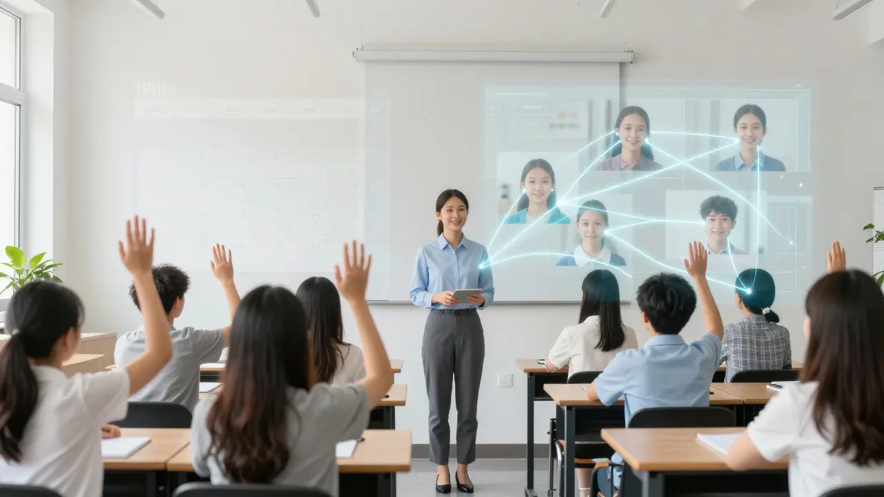 Lehrkraft zwischen zwei Welten: Präsenzschüler und digitale Avatare sind durch Lichtverbindungen miteinander verbunden.