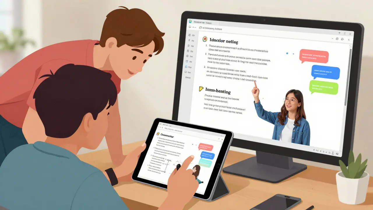 Schüler aus Präsenz und Online arbeiten gemeinsam an einem digitalen Whiteboard, ein Connector reicht eine Frage weiter.