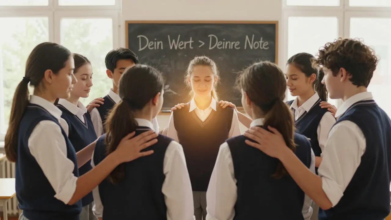 Schüler berühren sich sanft an den Schultern in einem Kreis, während ein warmes Licht zwischen ihnen fließt und eine Tafel mit 'Dein Wert > Deine Note' zu sehen ist.