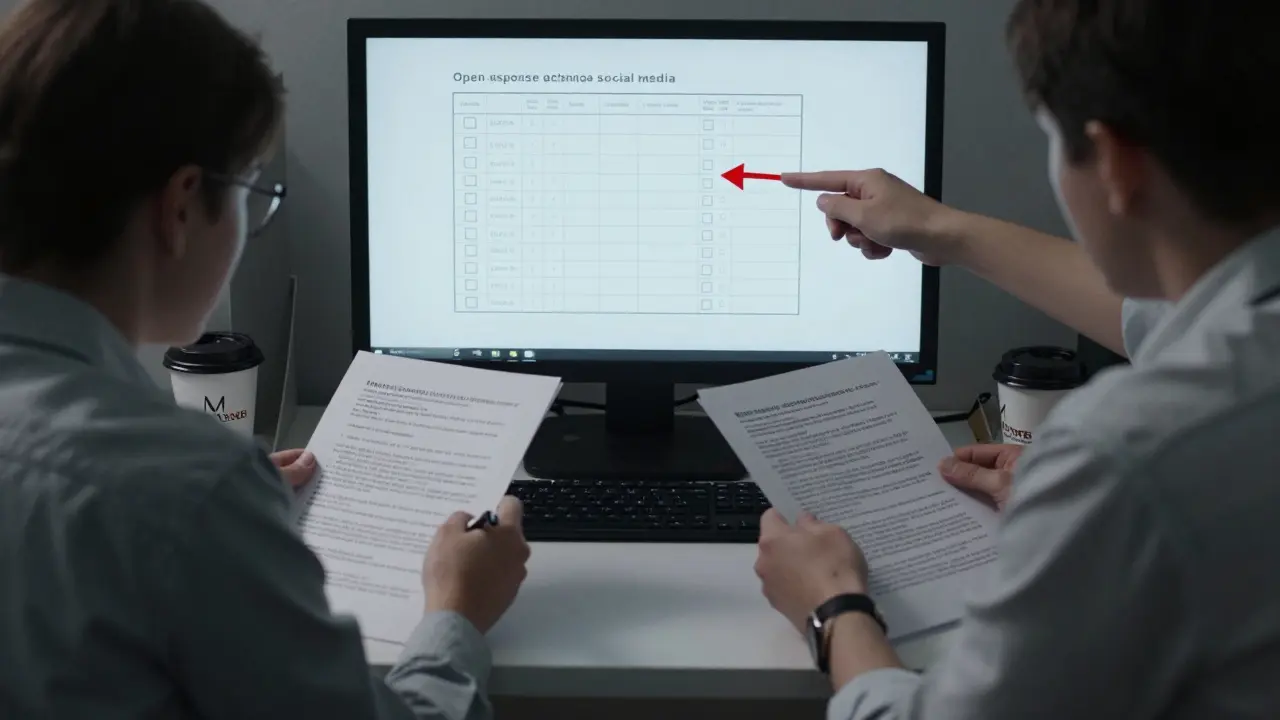 Zwei Prüfer bewerten unabhängig einen Matura-Aufsatz mit einem standardisierten Bewertungsraster.