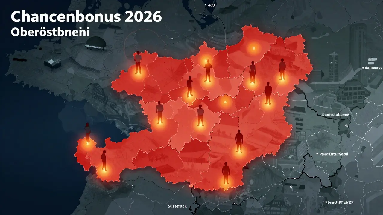 Austrian map with glowing hotspots showing Chancenbonus schools, Vienna most prominent, rural areas dim, symbolic figures emerging from bright zones.