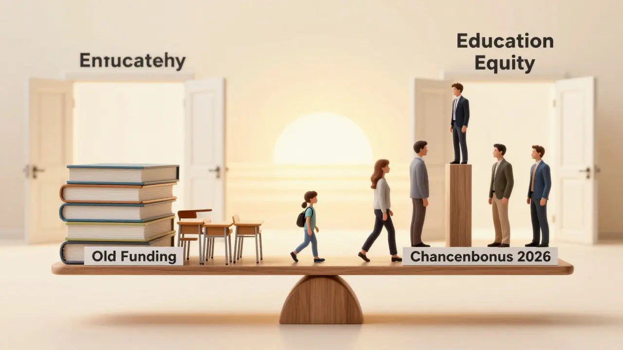 Balance scale with textbooks on one side and educators as pillars on the other, child walking toward sunrise, symbolizing educational equity.