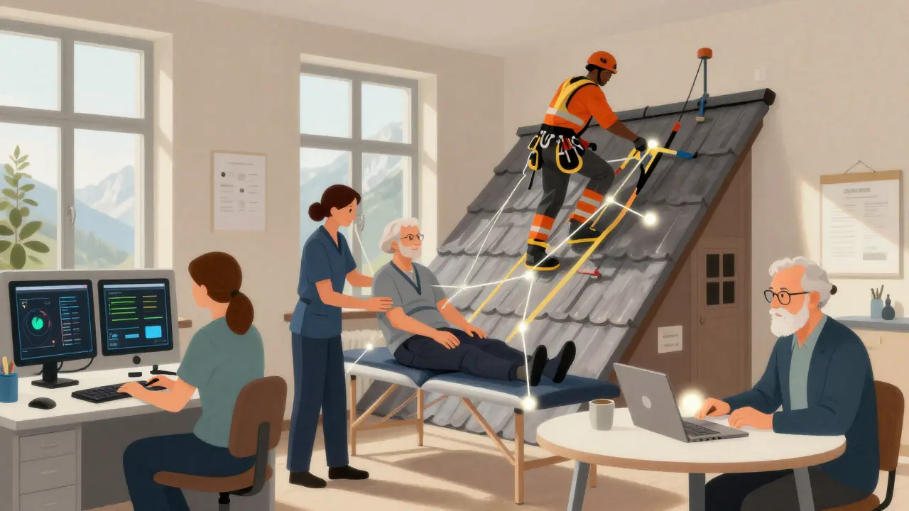 Diverses Team aus SPS-Programmiererin, Physiotherapeutin, Dachdecker und Philosophin in verschiedenen Arbeitsumgebungen in Österreich.