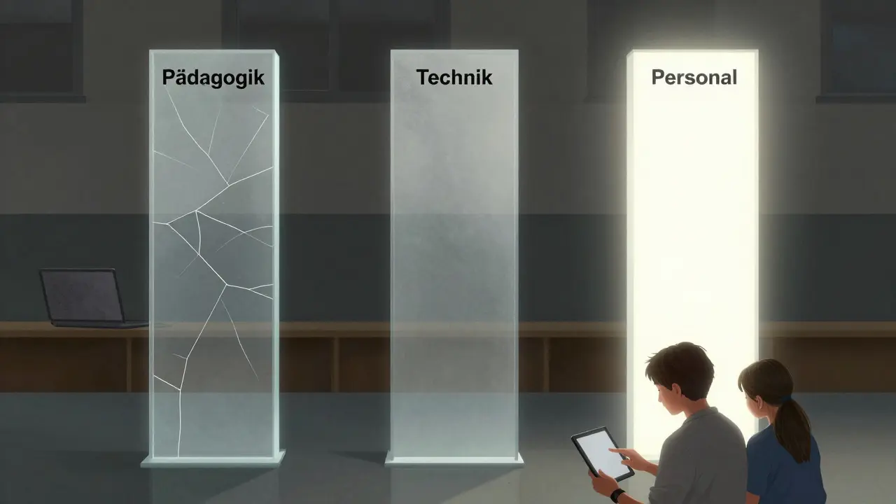 Drei Säulen symbolisieren Pädagogik, Technik und Personal – nur eine ist stabil und leuchtend.