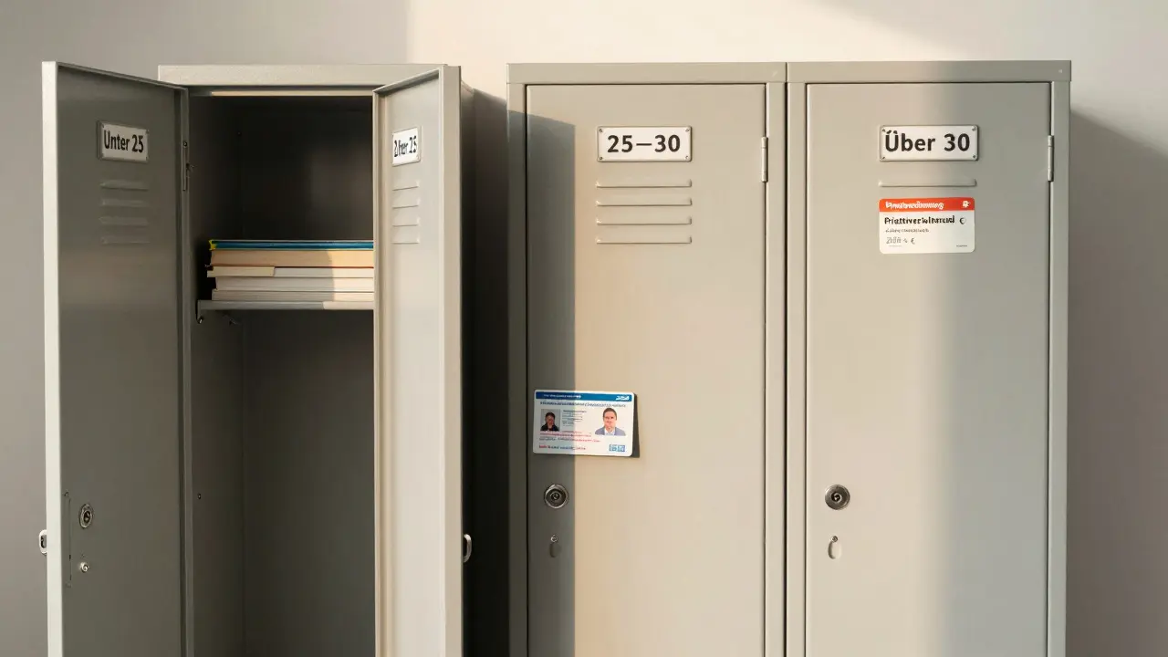 Drei Schließfächer symbolisieren die Übergänge in der gesetzlichen Krankenversicherung für Studierende in Deutschland.